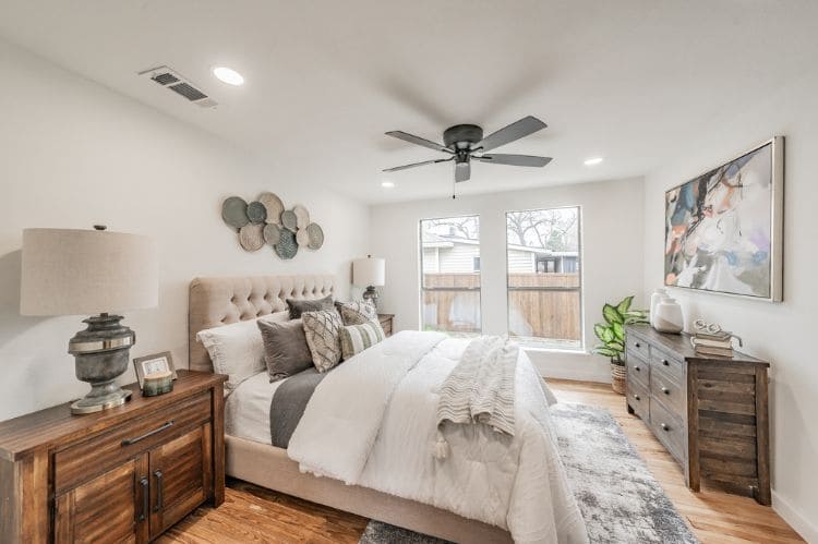 Staged primary bedroom in Fort Worth